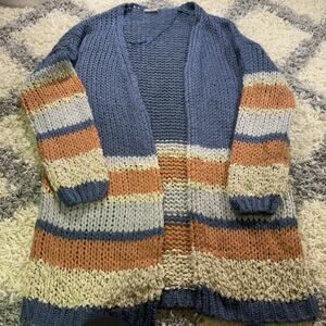 hem‎ thread S Cardigan Knit Sweater Open Blue Gray Senna Beige Color Block